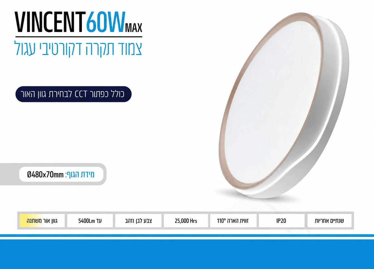 כרטיס מפרט לגוף תאורה VINCENT 60W בעיצוב עגול לבן עם נגיעת זהב ותאורת LED