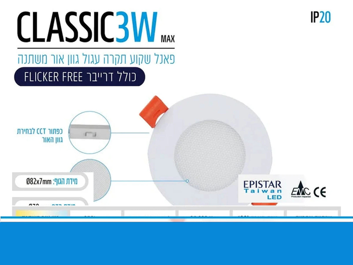 כרטיס מוצר לפאנל שקוע CLASSIC 3W עגול עם תמונת המוצר ונתונים טכניים
