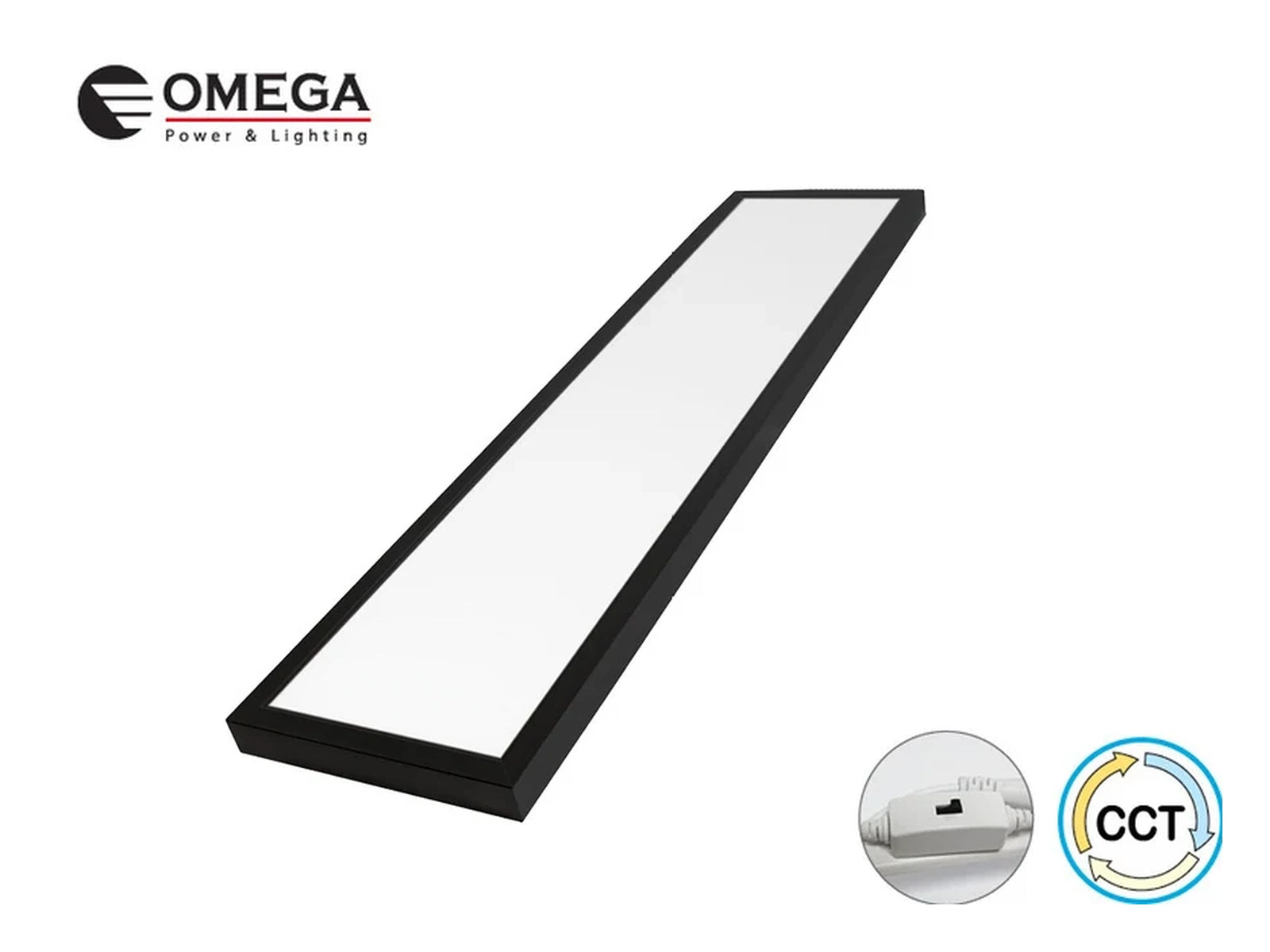 גוף תאורה ליניארי שחור במבנה מלבני דק של OMEGA עם סמלי מאפיינים