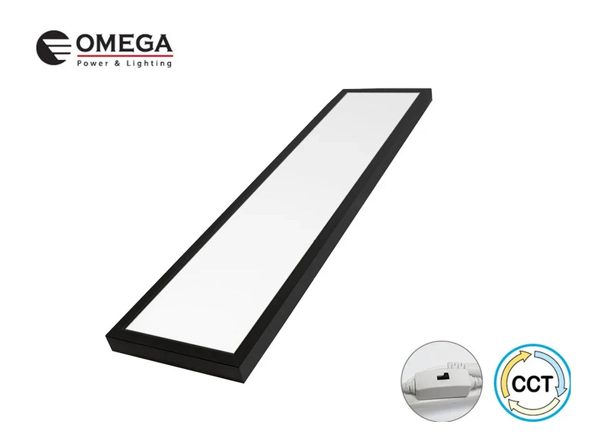 גוף תאורה ליניארי שחור במבנה מלבני דק של OMEGA עם סמלי מאפיינים