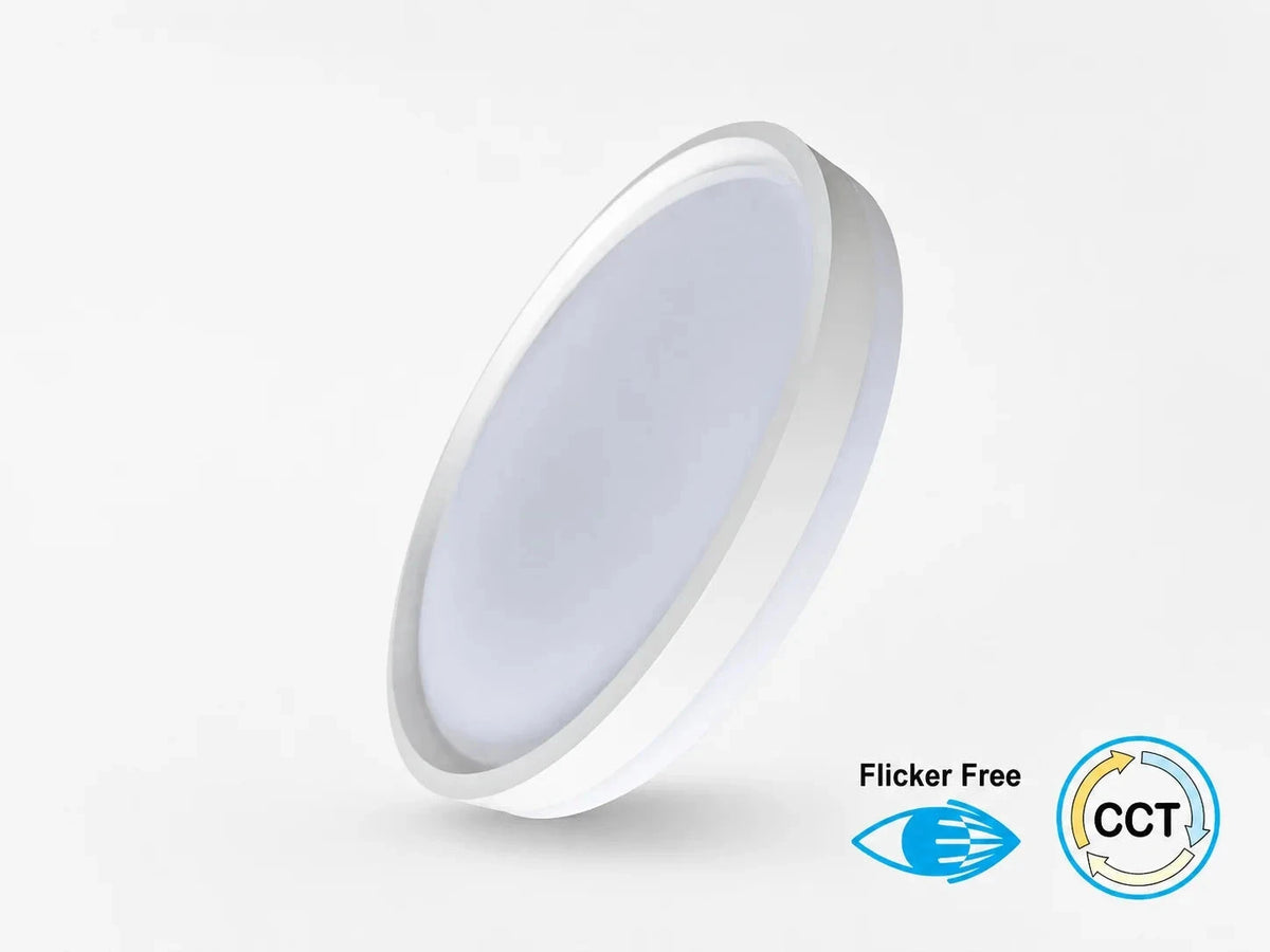 פאנל LED עגול לבן של OMEGA במבט צד עם סימוני מאפייני המוצר
