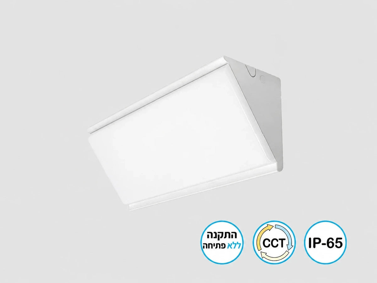 גוף תאורה EDGE S לבן בתצוגת מוצר על רקע לבן עם סמלי תכונות