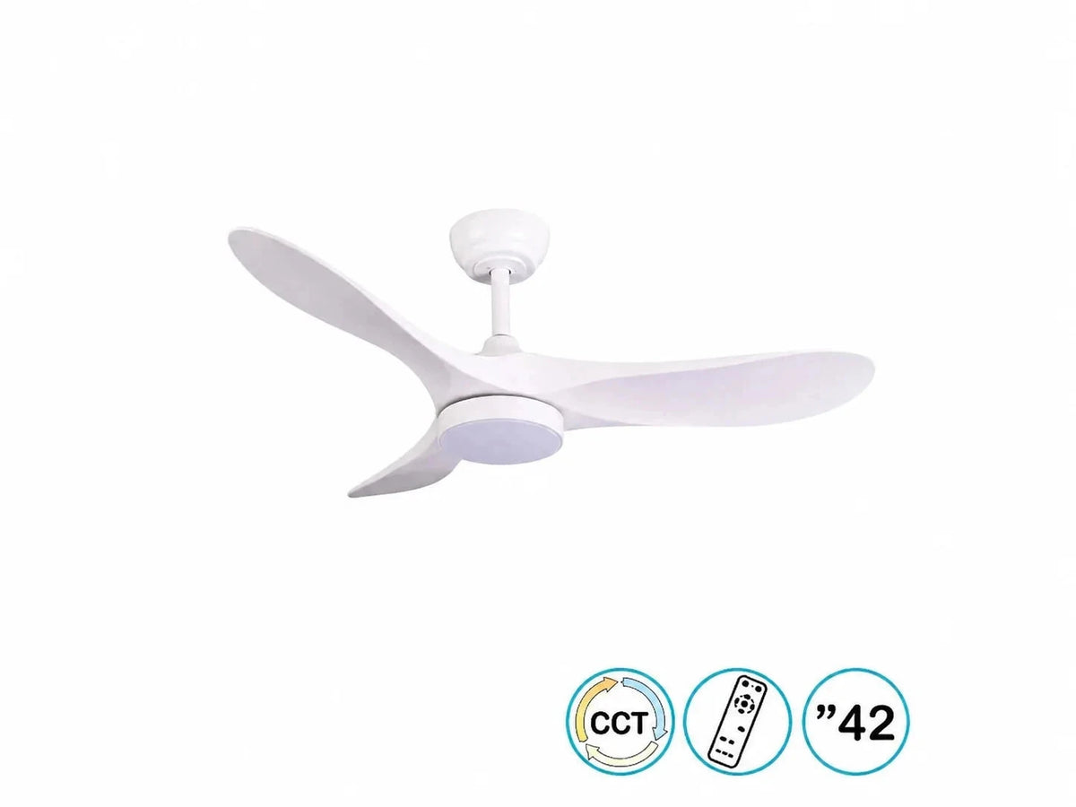 מאוורר תקרה לבן עם שלוש כנפיים וסמלי מאפייני המוצר
