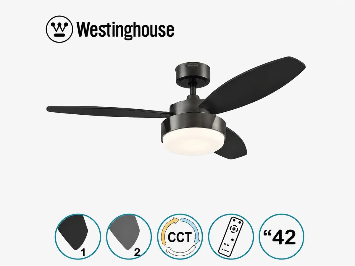 מאוורר תקרה Westinghouse שחור 42 אינץ׳ עם תאורה וסמלי מאפייני המוצר