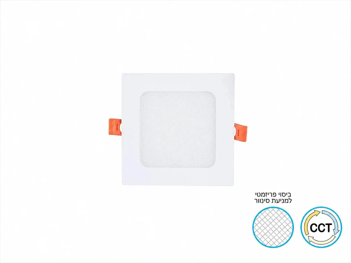 גוף תאורה שקוע מרובע של OMEGA במבט חזיתי עם סימוני מאפייני המוצר