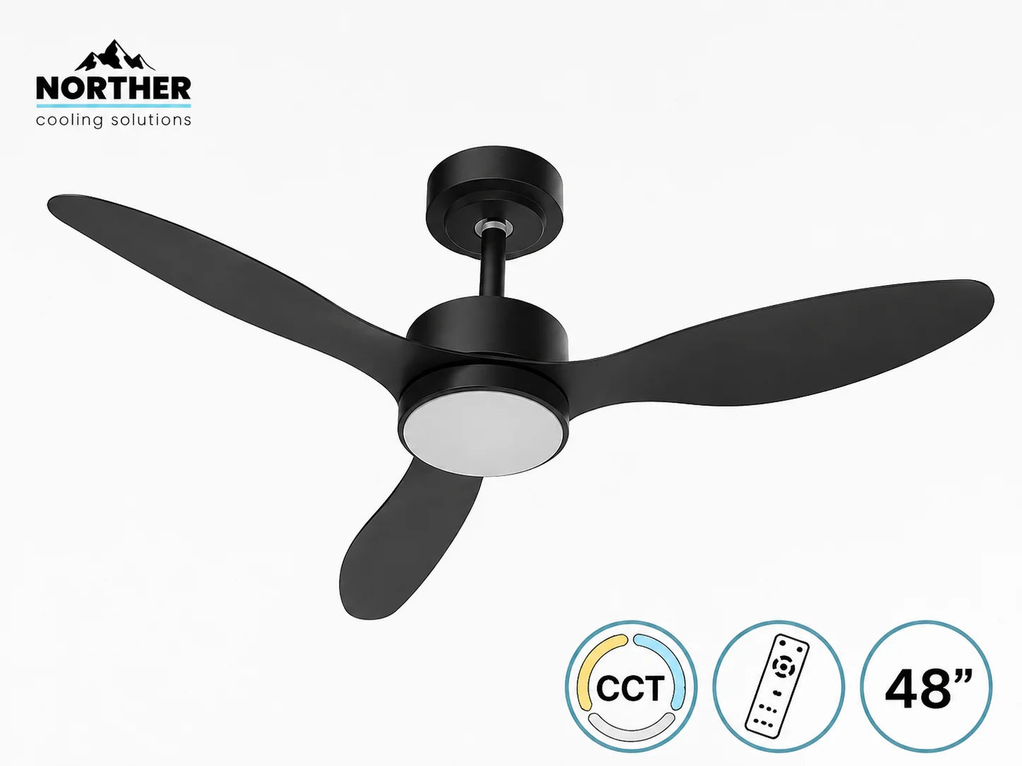 מאוורר תקרה Northern שחור עם שלוש כנפיים, תאורת LED וסמלי מאפייני המוצר