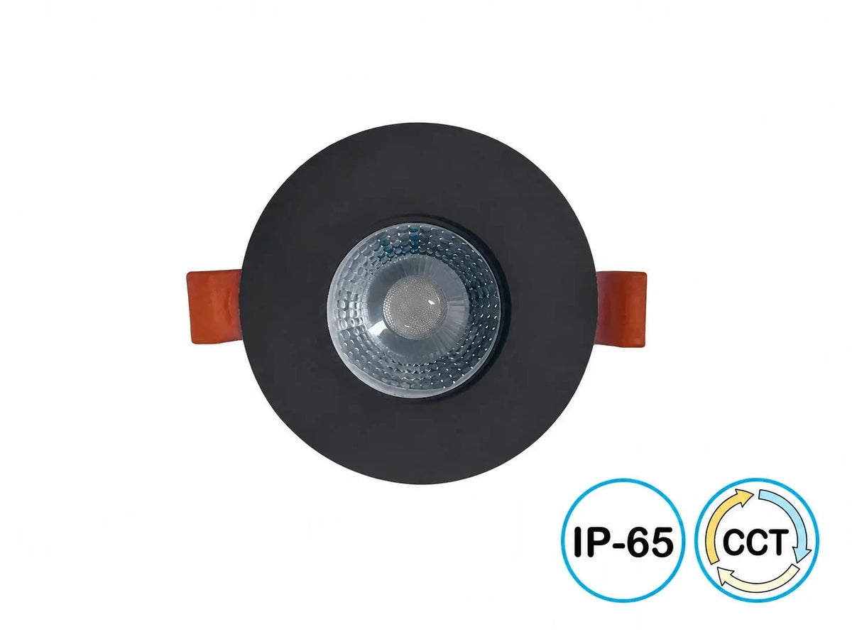 גוף תאורה שקוע שחור של OMEGA במבט חזיתי עם סימוני IP44 ו־CCT