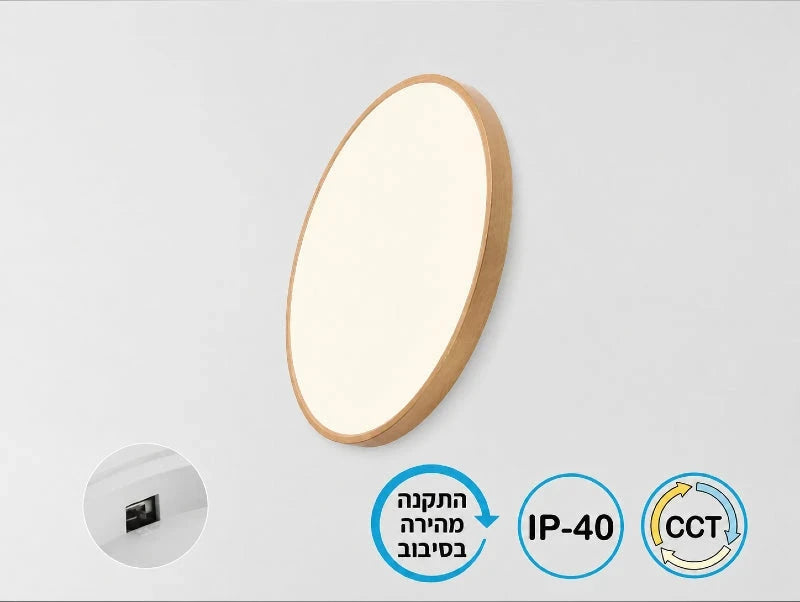 גוף תאורה עגול בגימור עץ בהיר לצד שלט קטן על רקע לבן
