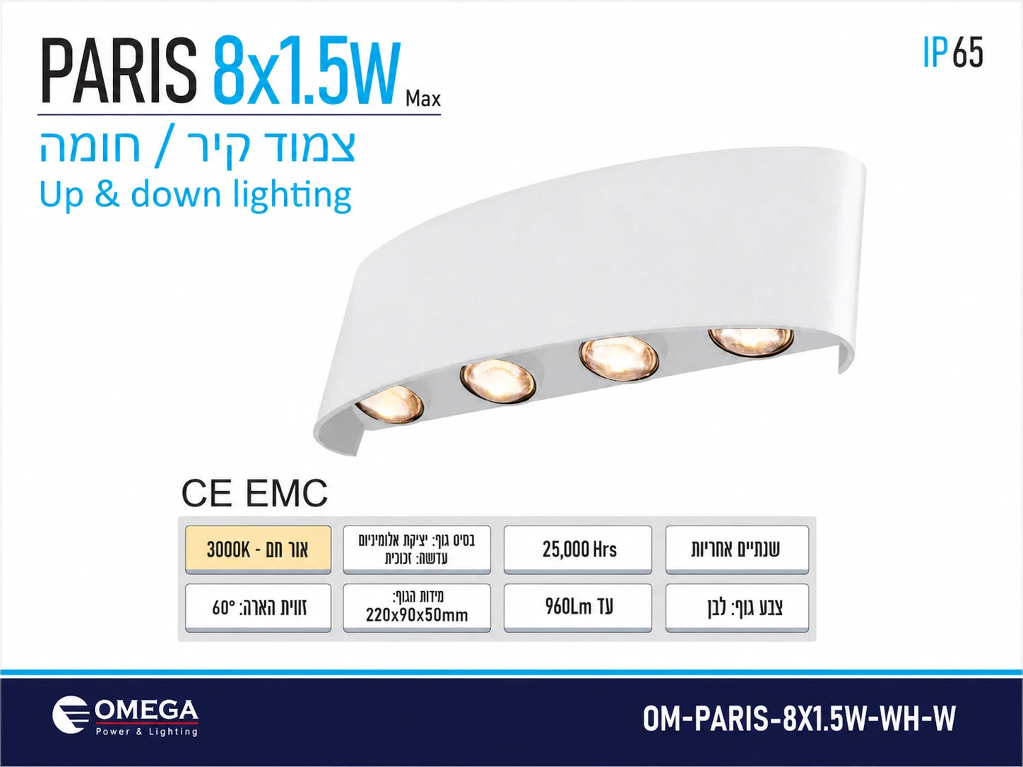 תרשים מוצר של גוף תאורה PARIS בהספק 8X1.5W בגוון לבן עם מידות ומאפיינים טכניים