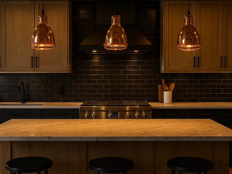 שלוש מנורות תלייה מעל אי במטבח