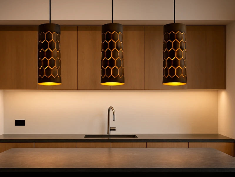 שלישיית מנורות תלייה PERY מעל לאי במטבח