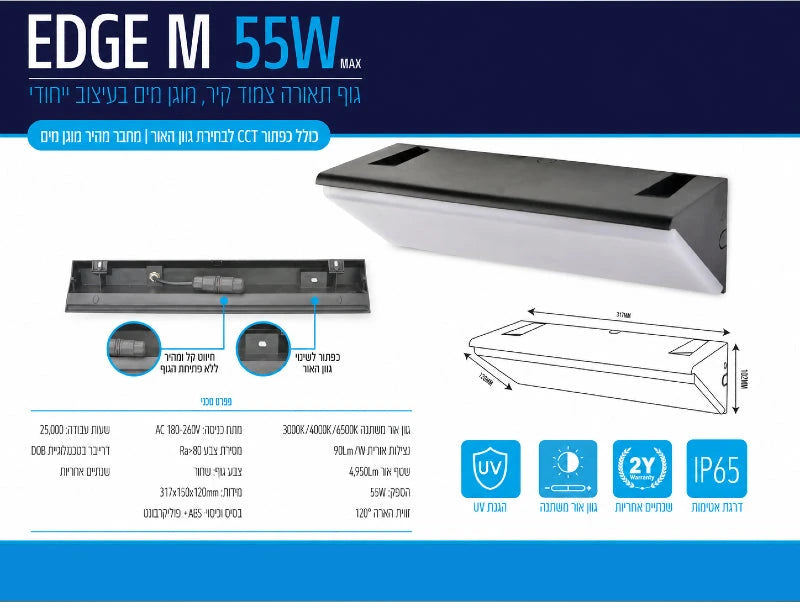 תרשים מוצר של גוף תאורה EDGE M בהספק 55W עם מאפיינים טכניים