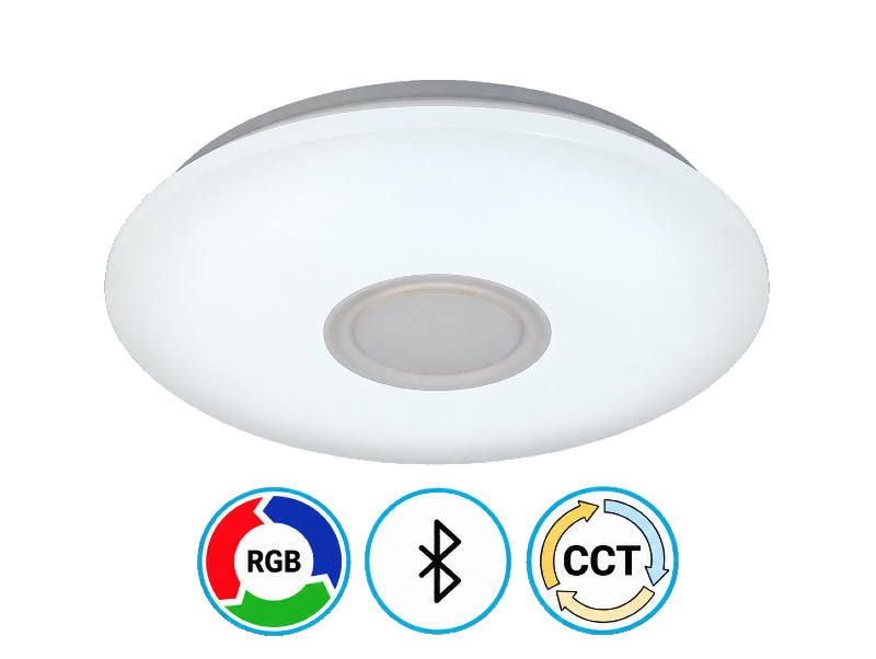 מנורת תקרה צמודה ועגולה מדגם MELODY של OMEGA בצבע לבן עם רמקול מובנה