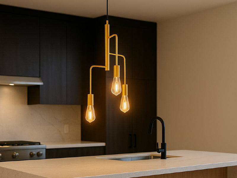 מנורת תלייה TRIPLE BRASS מעל אי במטבח