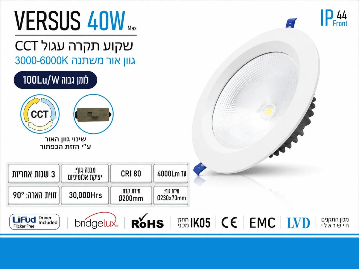 גוף שקוע תקרה OMEGA VERSUS CCT 40W Ø20 ס״מ בגימור לבן