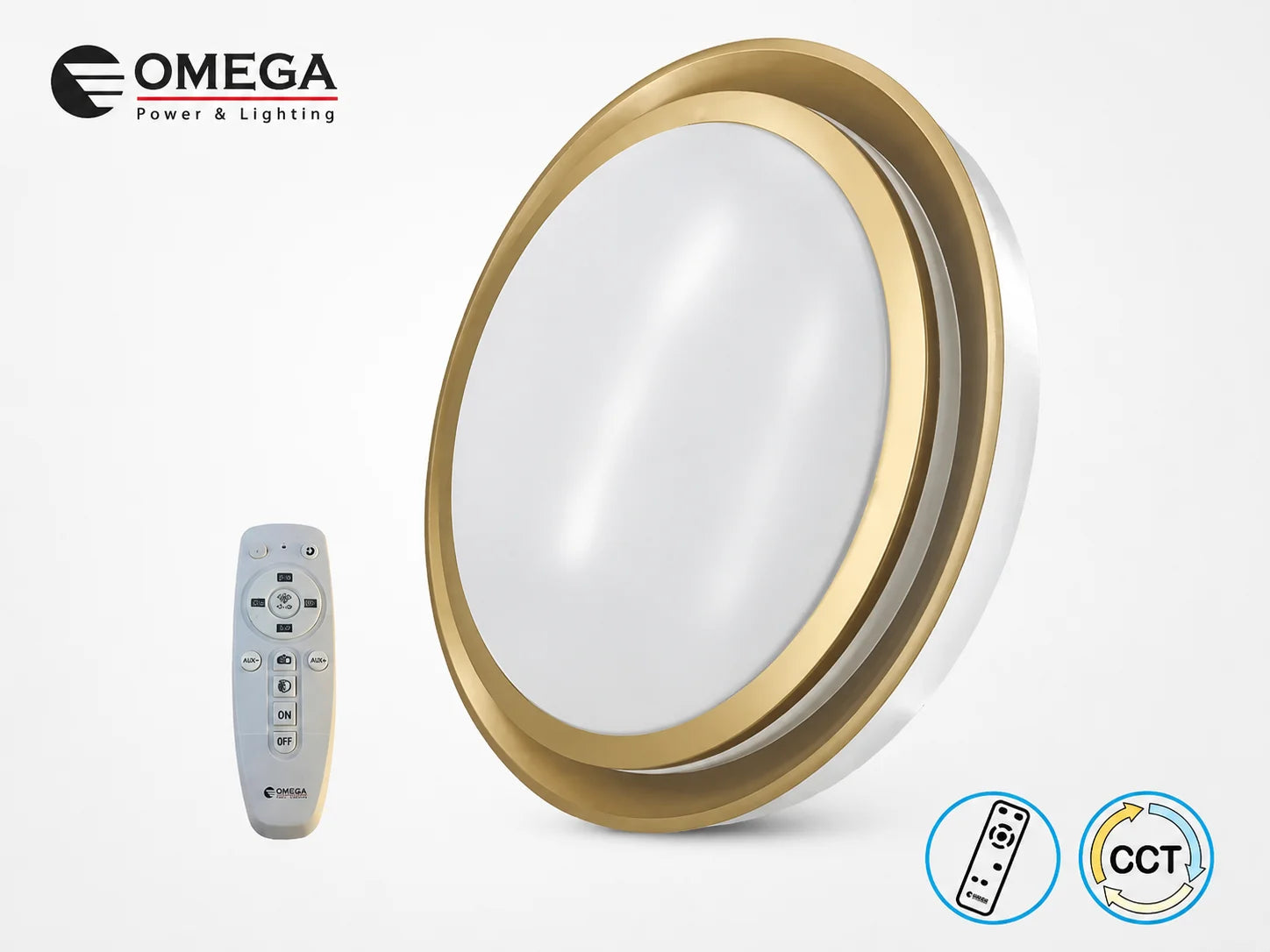 גוף תאורה צמוד תקרה של OMEGA בגימור זהב עם שלט רחוק