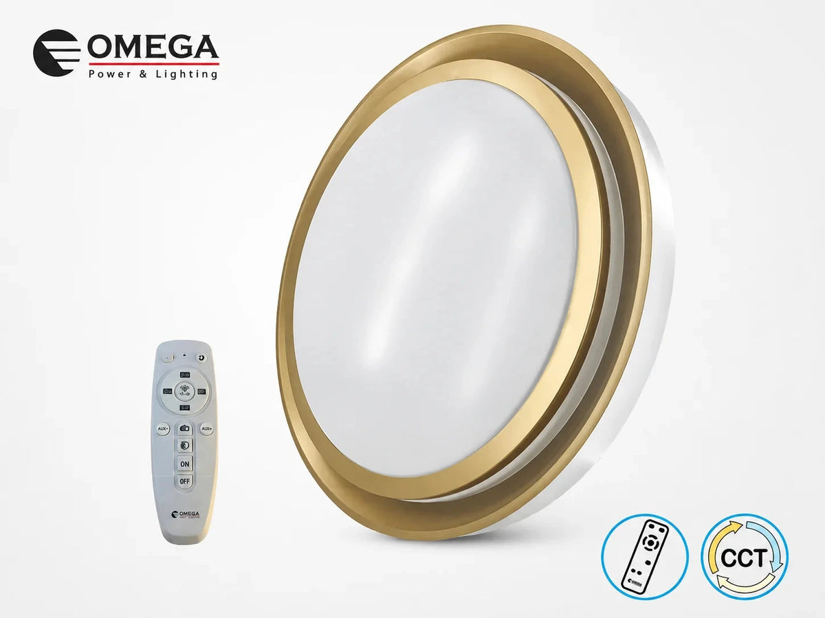 גוף תאורה צמוד תקרה של OMEGA בגימור זהב עם שלט רחוק
