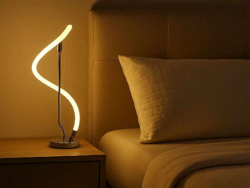 מנורת שולחן ELENZA מוארת בחדר שינה