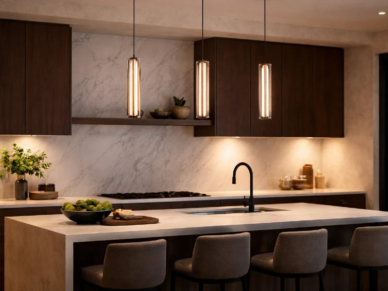 שלוש מנורות תלייה ORIN מעל אי במטבח