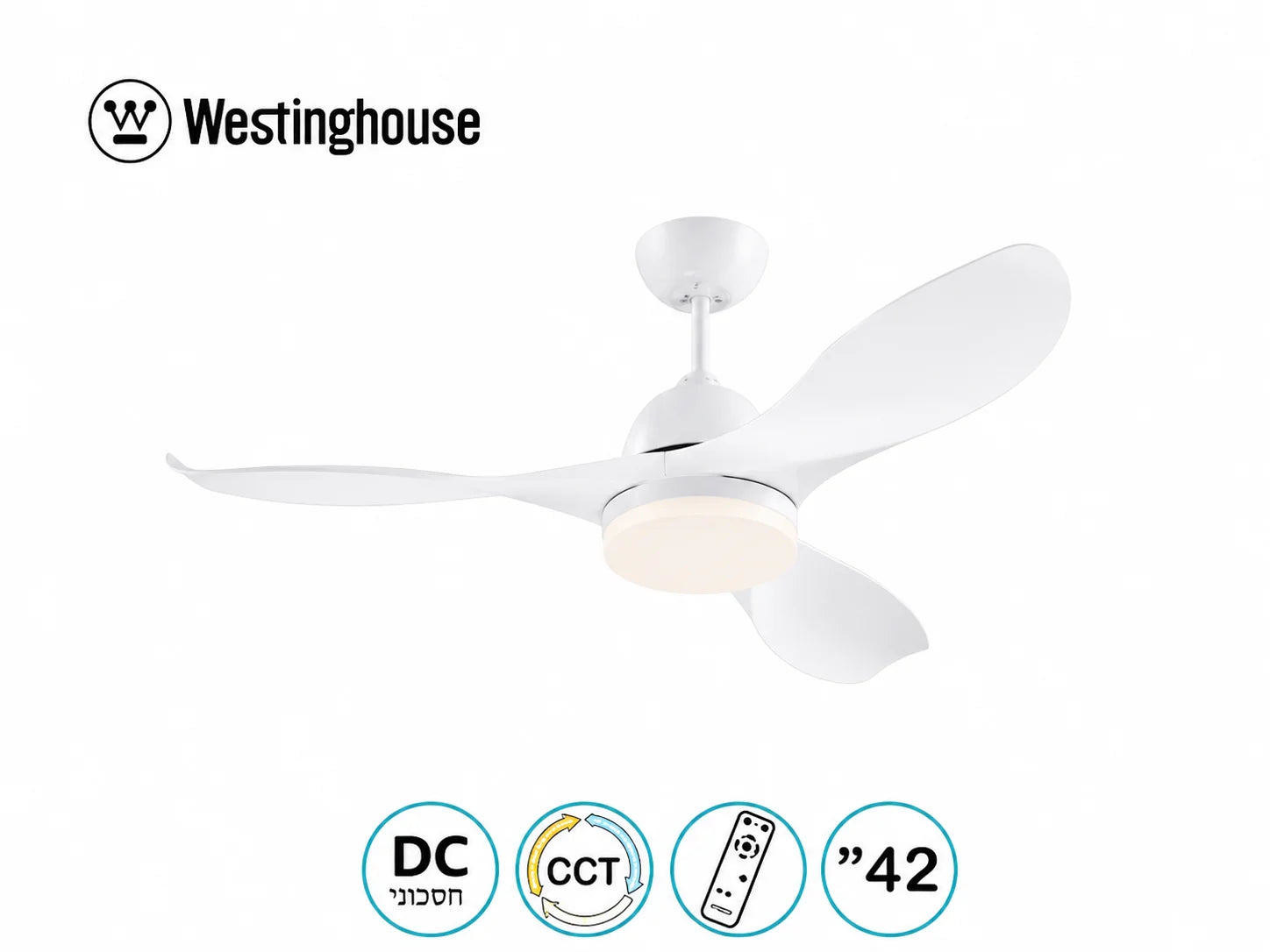 מאוורר תקרה לבן של Westinghouse עם תאורה ואייקונים של מאפייני הדגם