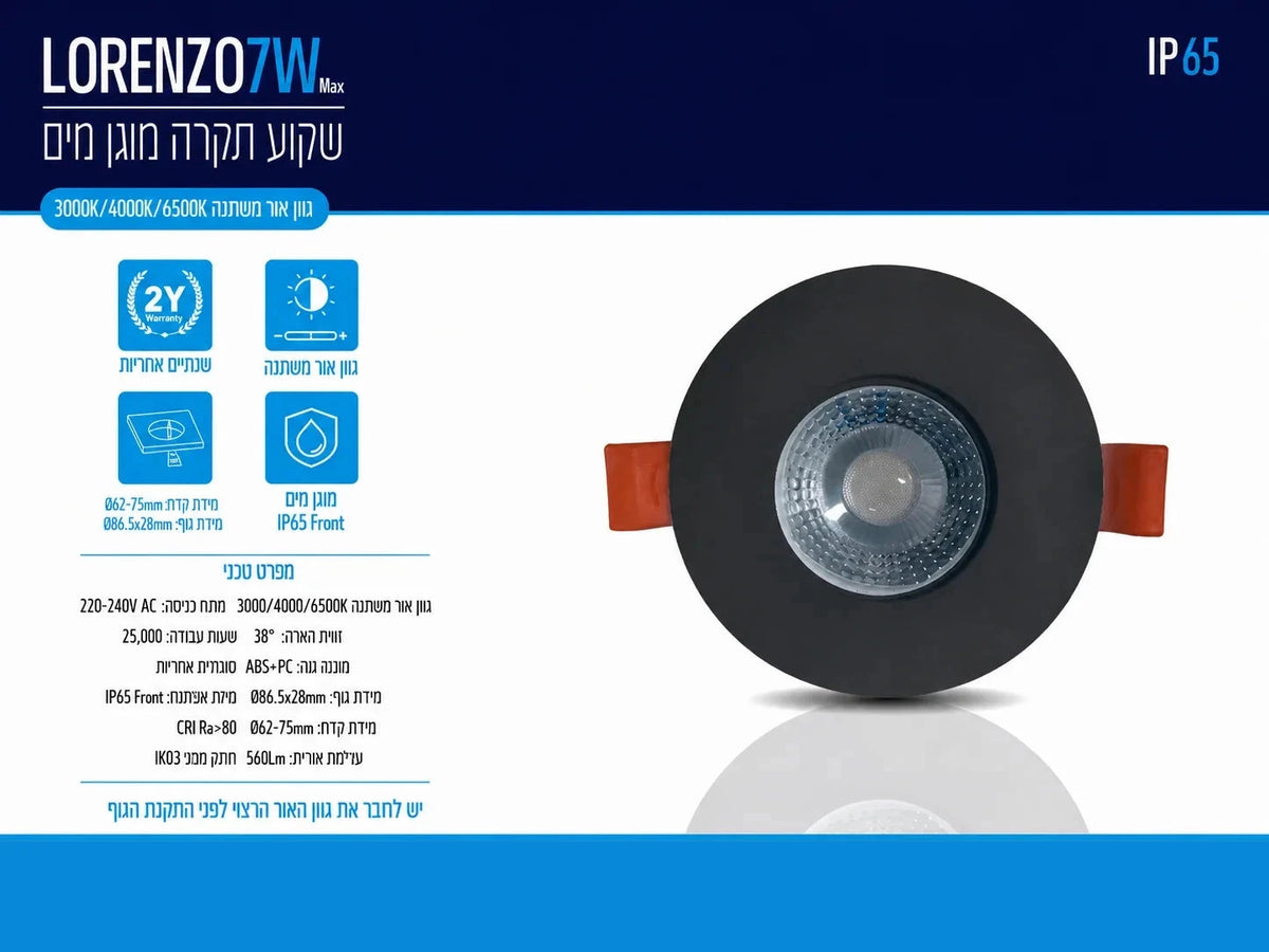 כרטיס מוצר LORENZO שחור עם מפרט טכני ותמונת השקוע