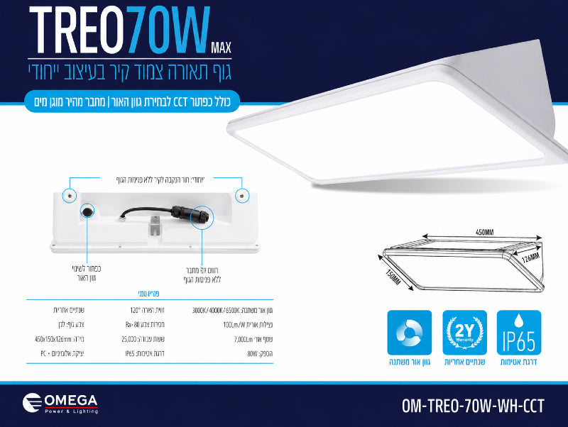 כרטיס מפרט לגוף תאורה TREO 70W בגימור לבן