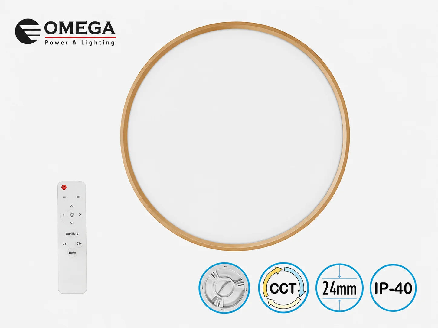 גוף תאורה עגול של OMEGA בגוון זהב עם שלט וסמלי תכונות