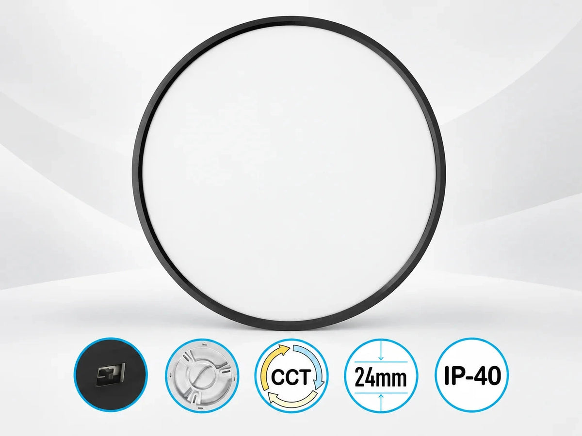 פאנל תאורה עגול OMEGA ELEMENT CCT שחור ודק במיוחד, המיועד להתקנה צמודת תקרה.
