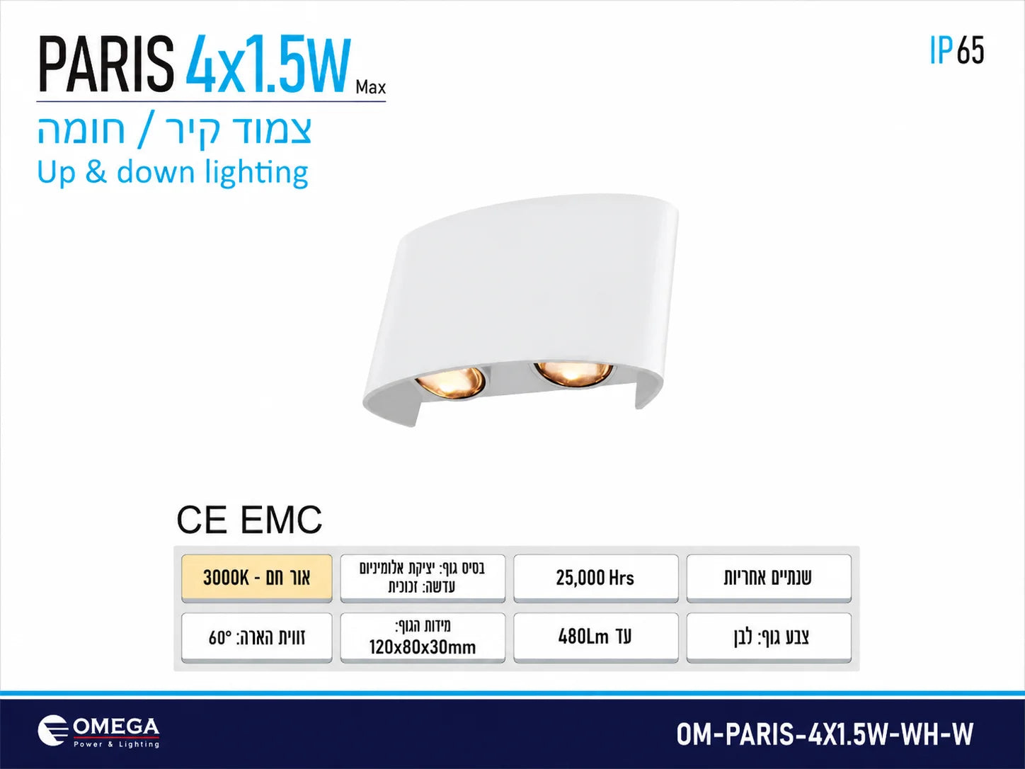 תרשים מוצר של גוף תאורה PARIS בהספק 4X1.5W בגוון לבן עם מידות ומאפיינים טכניים
