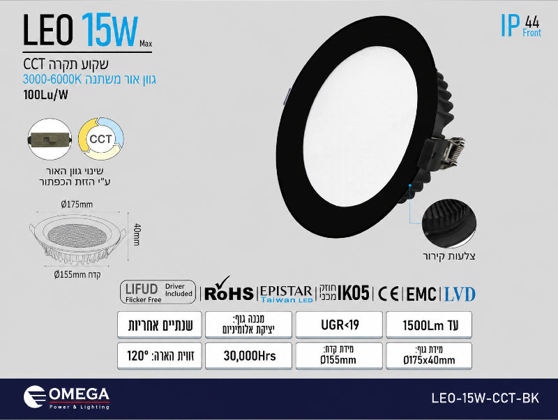 תמונת מפרט לגוף תאורה שקוע עגול שחור עם תאורת LED