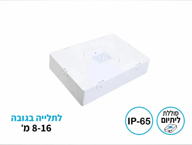 תאורת חירום מלבנית לבנה עם עדשה מרכזית על רקע לבן