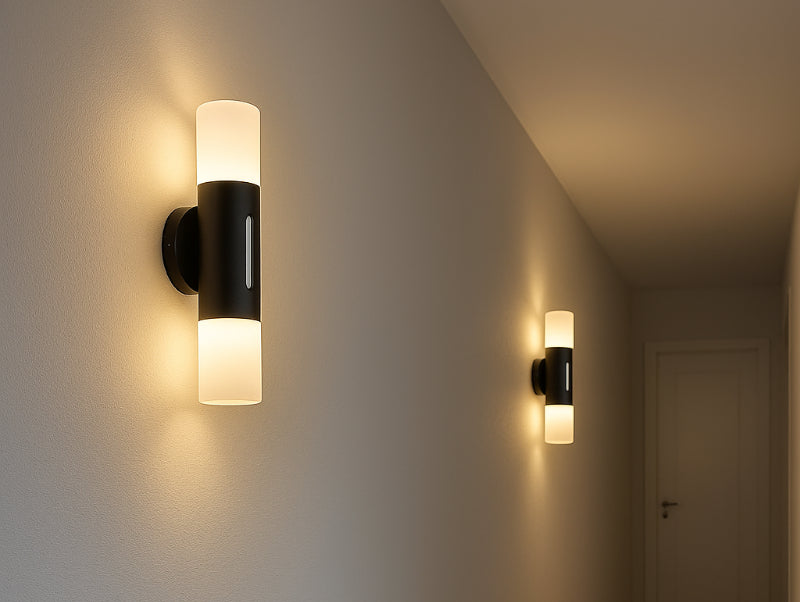 שתי מנורות קיר שחורות במסדרון