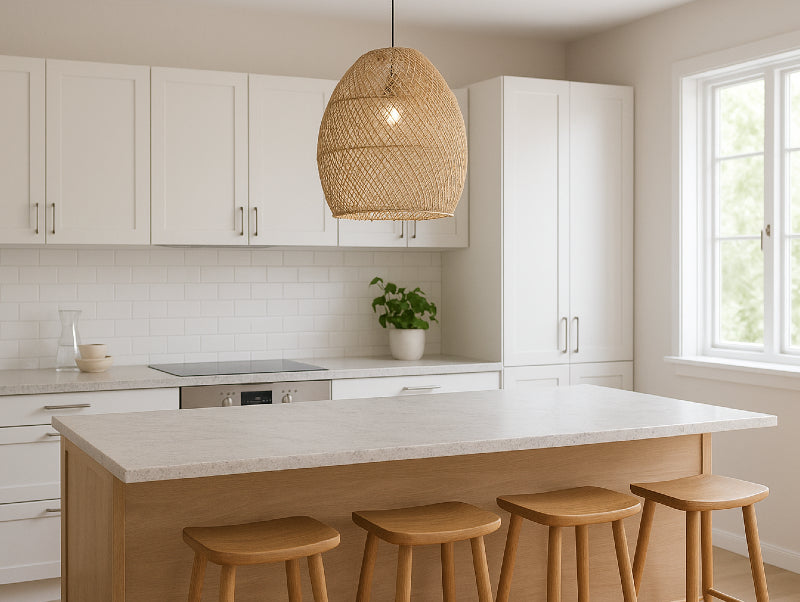 מנורת תלייה קש HELLEN מעל אי במטבח