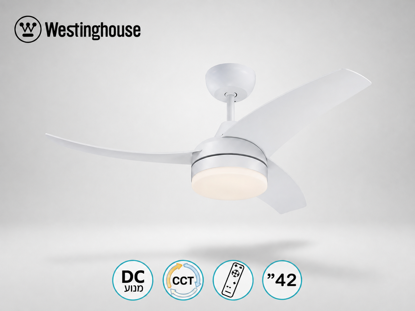 מאוורר תקרה Westinghouse בגימור לבן עם שלוש כנפיים וסמלי מאפייני המוצר