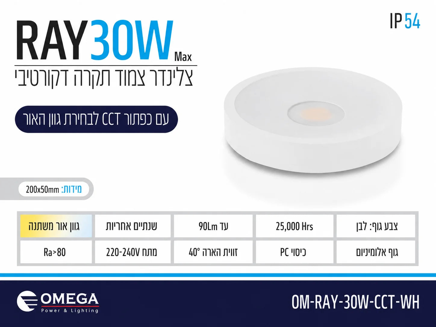 תרשים מוצר של צילינדר תאורה RAY בהספק 30W בגוון לבן עם מידות ומאפיינים טכניים