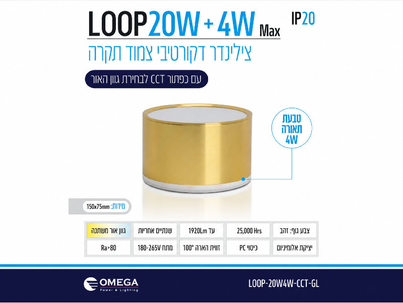 תמונת מפרט לגוף תאורה צמוד תקרה גלילי בגימור זהב