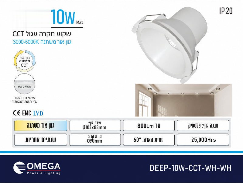 תמונת מפרט לגוף תאורה שקוע DEEP לבן עם תאורת LED