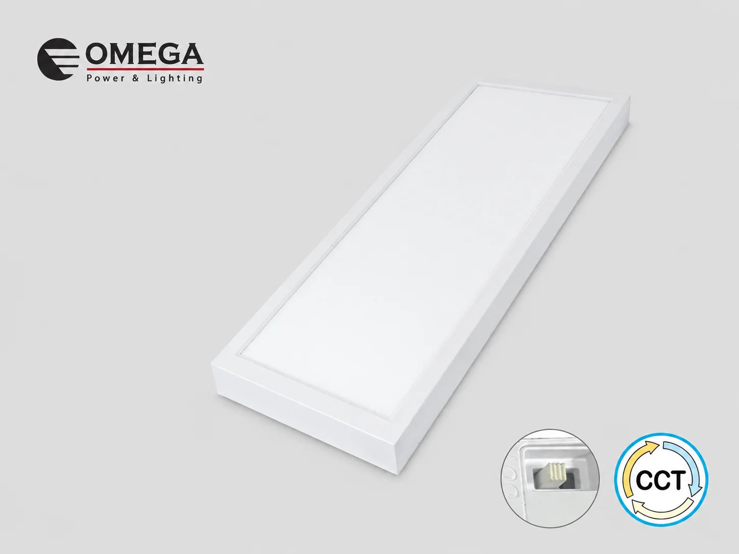 פאנל תקרה לבן של OMEGA במבט אלכסוני עם סמלי מאפייני המוצר