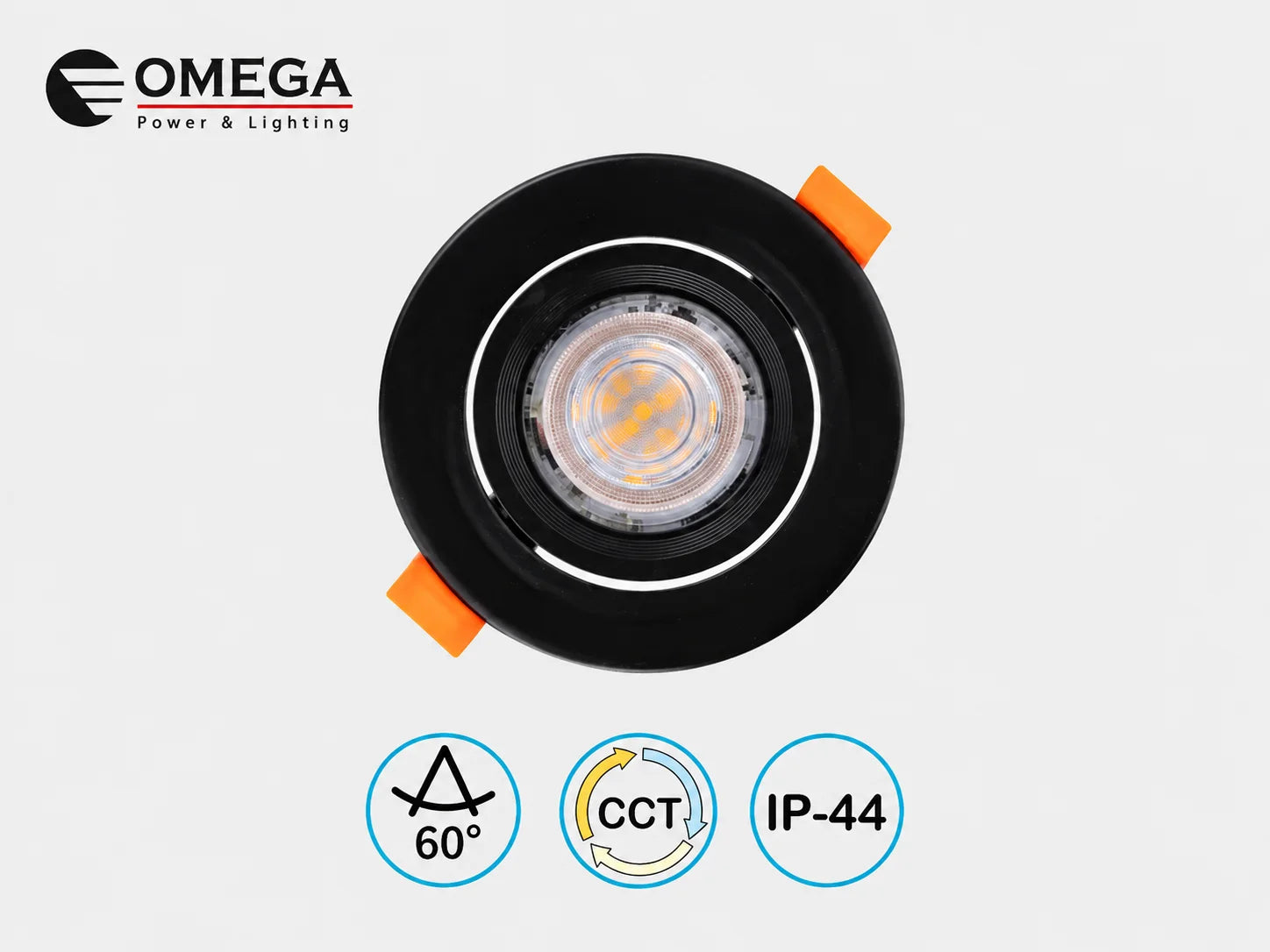 שקוע תקרה OMEGA בגימור שחור עם טבעת פנימית ועדשה שקופה