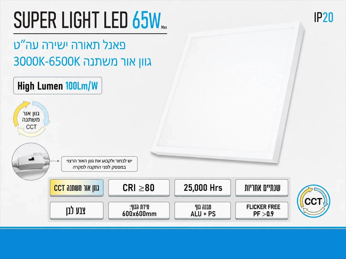 כרטיס מוצר לפאנל SUPER LIGHT LED לבן עם תמונת הגוף ופרטים טכניים
