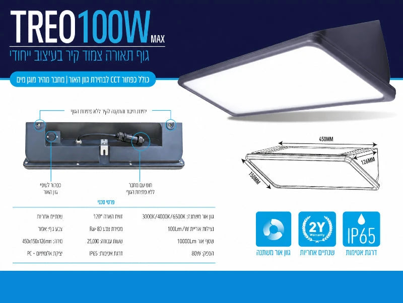 כרטיס מפרט של גוף תאורה TREO 100W עם נתונים טכניים ותצוגת המוצר