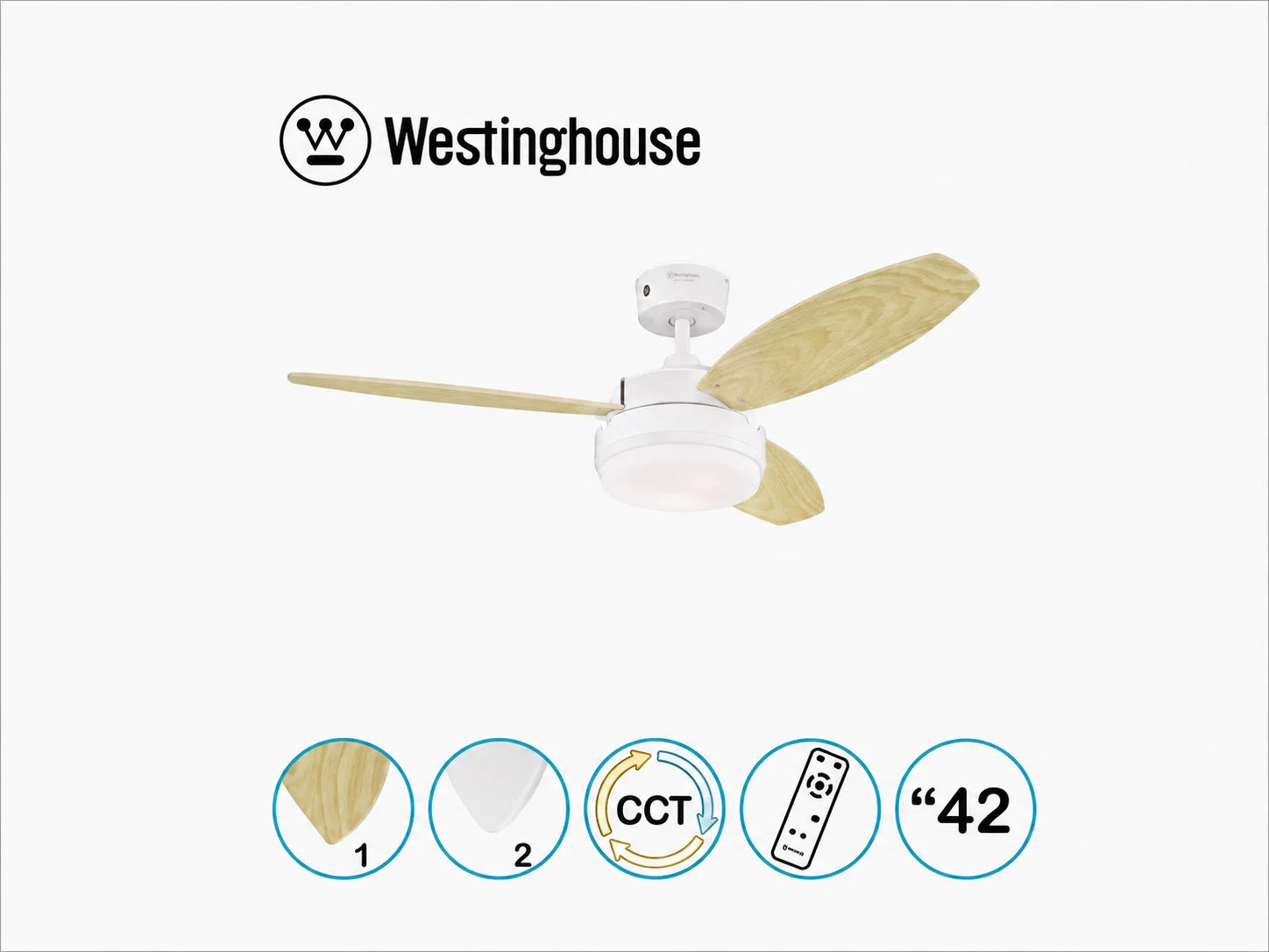 מאוורר תקרה Westinghouse עם כנפיים בהירות, גוף לבן וסמלי מאפייני המוצר