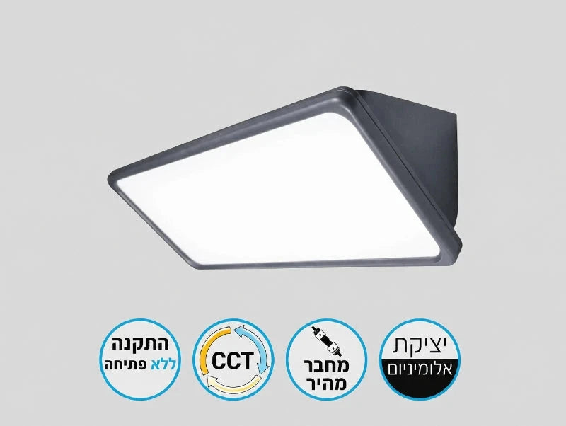 מבט מוצר נקי על גוף תאורה TREO עם אייקוני תכונות עיקריות לשימוש חוץ