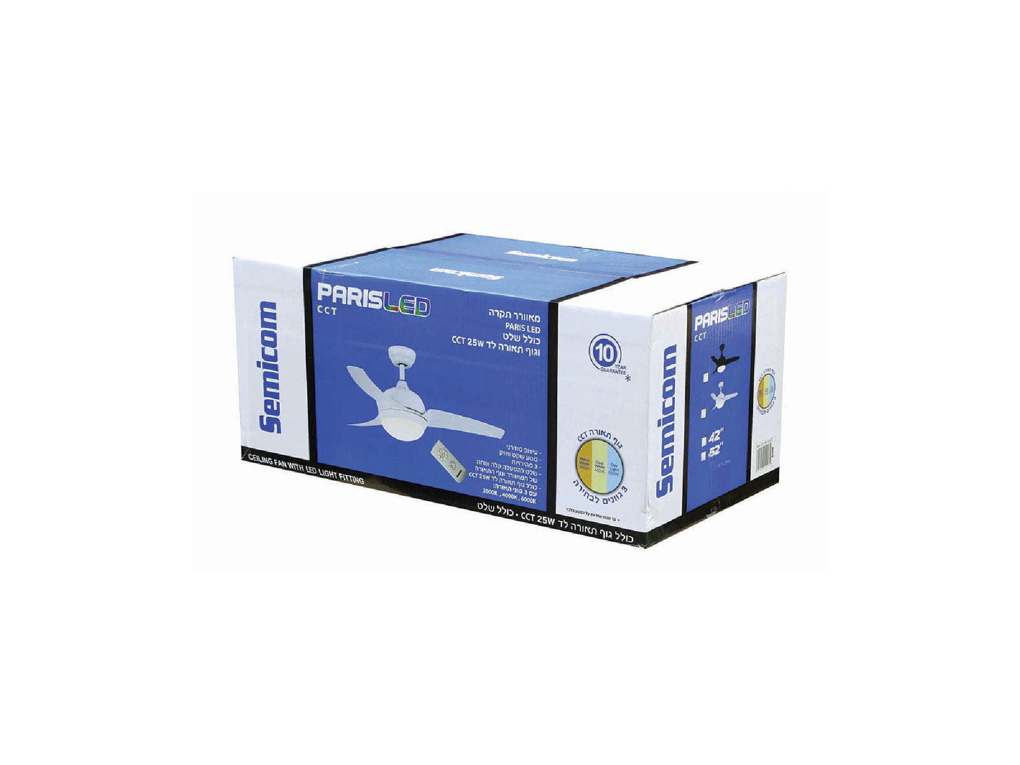 מאוורר תקרה "CCT 25W PARISLED 52 עם שלט-לבן - Ceiling Fan with Light
