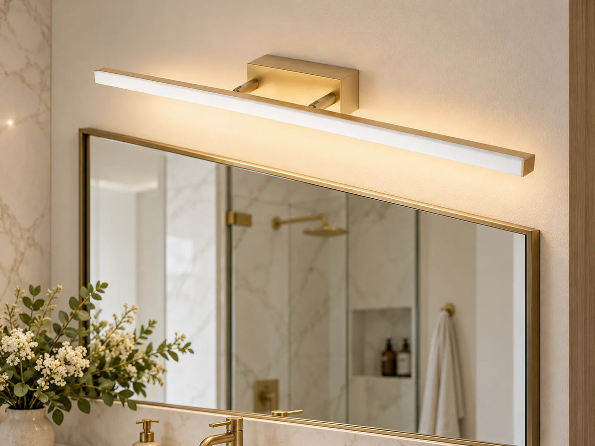 גוף תאורה OMEGA ORIO CCT צמוד קיר ליניארי מוזהב מותקן מעל מראה בחדר אמבטיה.