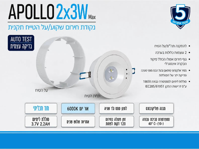 תמונת מפרט לתאורת חירום APOLLO עגולה לבנה