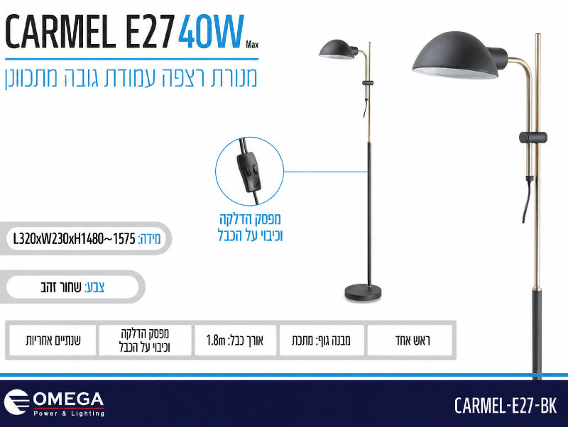 תמונת מפרט למנורת עמידה שחורה עם ראש תאורה מעוגל