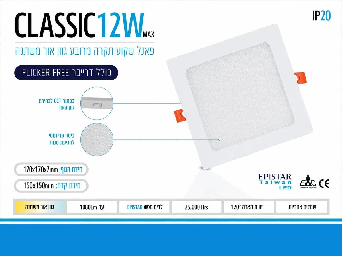 כרטיס מפרט לפאנל שקוע CLASSIC 12W מרובע עם תמונת המוצר ונתונים טכניים