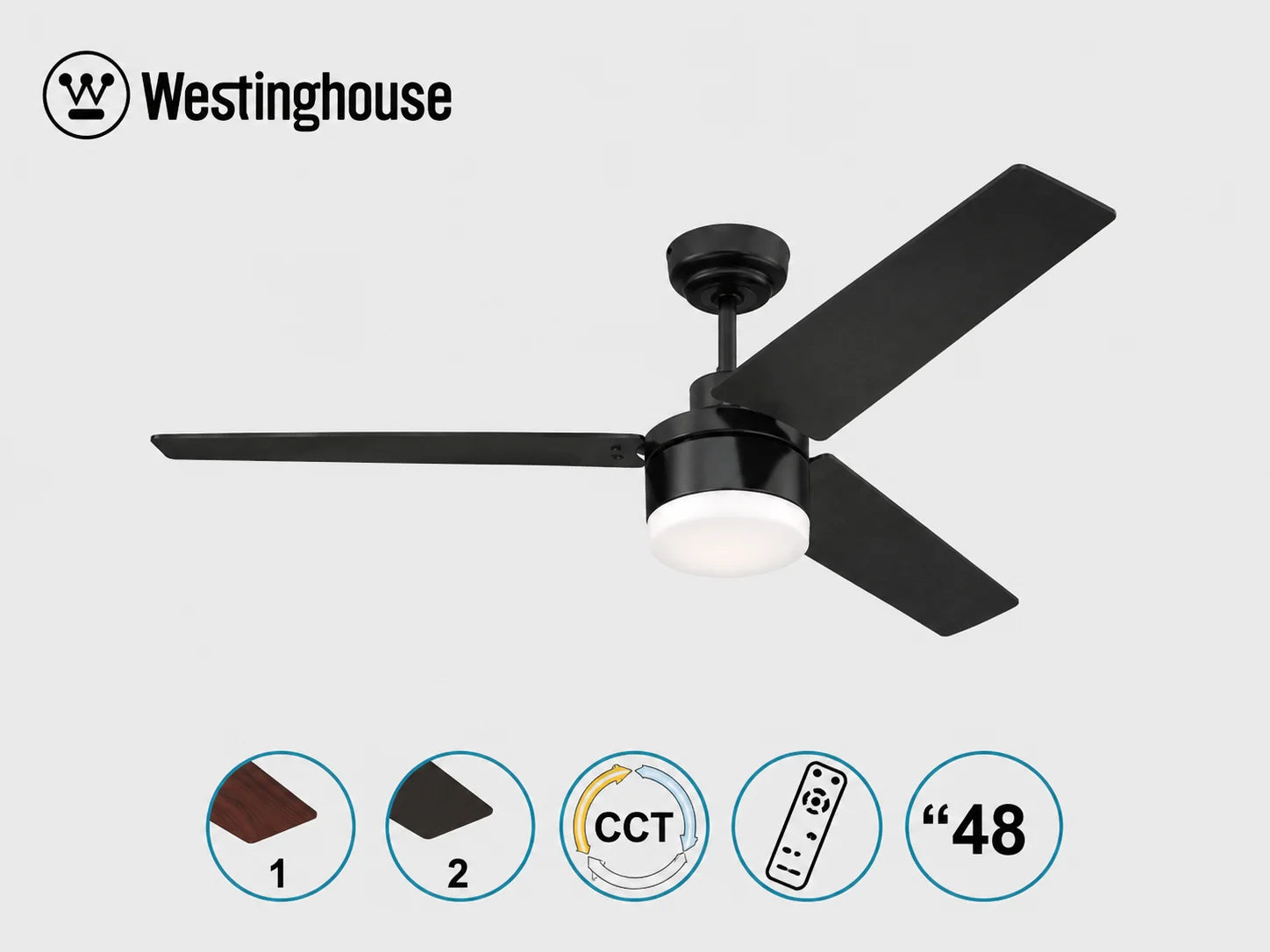 מאוורר תקרה Westinghouse בגימור שחור עם שלוש כנפיים וסמלי מאפייני המוצר