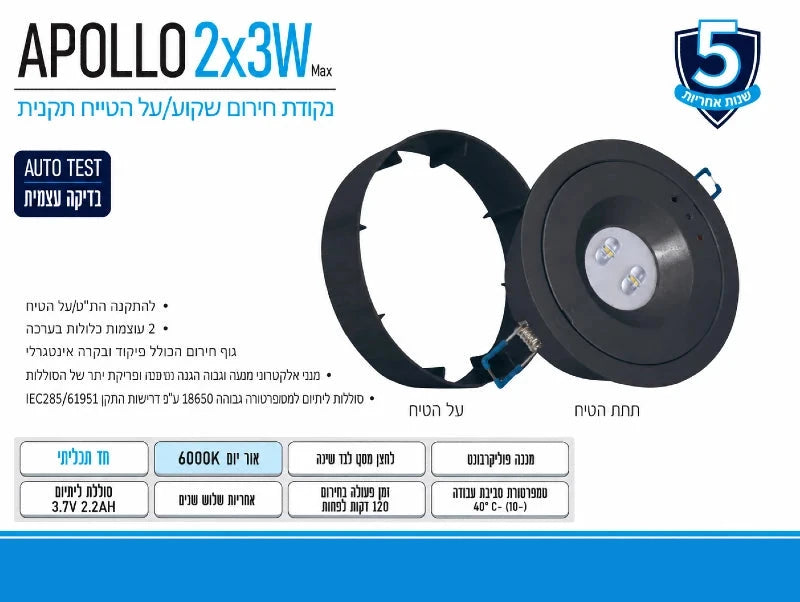 תמונת מפרט לתאורת חירום עגולה שחורה